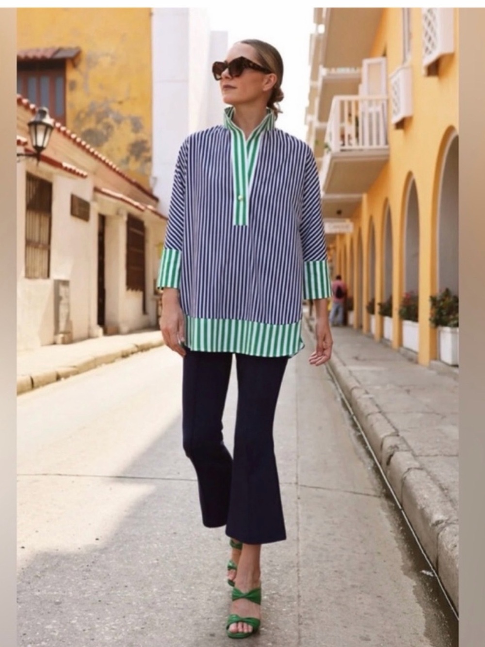 Tuckernuck Navy-and-White Striped Tunic with Green Trim